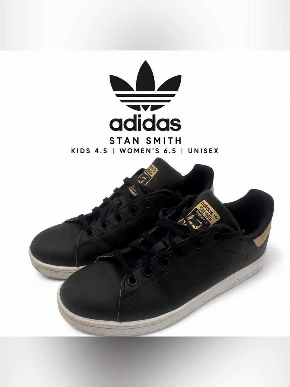 Adidas Stan Smith Kids 4.5 Black Gold Sneakers Fits Womens 6.5 Unisex Classic